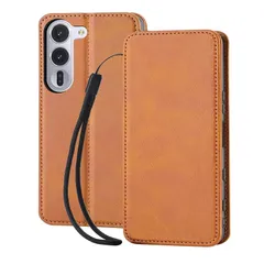 【新品】 arrows Alpha F-51F ケース 手帳型 磁気スキミング防止 wangChuan アローズF51Fスマホケース レザー カード収納 内蔵マグネット式（携帯ストラップ付き）ライトブラウン