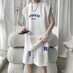 와플 셋업 맨즈 즉 구입 OK 저지 탱크 탑 스웨트 상하 세트 룸 착용 운동복 하프 팬츠 여름 L XL 2XL 3XL 4XL 5XL 민소매 스포츠웨어 hyuxz01