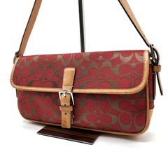 【良品】COACH コーチ ショルダーバッグ signature shoulder bag red buckle flap Y2K シグネチャー レッド 赤 ベージュ シルバー金具 バックル フラップ 横長
