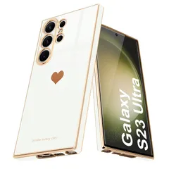 Teageo Galaxy S23 Ultra 用 ケース 可愛い ハート型 メッキ加工 薄型 シンプル TPU 耐衝撃 落下防止【ホワイト】