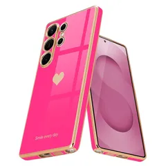 Teageo Galaxy S25 Ultra 用 ケース 可愛い ハート型 メッキ加工 薄型 シンプル 耐衝撃 落下防止【ローズレッド】