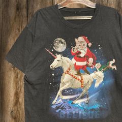 アニマル Tシャツ 猫 ネコ サンタクロース 宇宙 ユニコーン ネタ ジョーク ファンタジー 黒 XL相当サイズ 古着 ビンテージ used vintage p10
