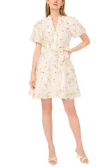 ヴィンスカムート レディース トップス ワンピース A ライン フラワー柄 フラワー Vince Camuto Floral Puff Sleeve ALine Dress Ultra White ホ