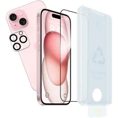 KPNS 新型のガイド枠付き 国産硝子製 iPhone15 用 ガラスフィルム 自動除塵 あいほん15 カメラフィルム カバー アイフォン15 強化ガラス 保護フィルム【1+1枚セット】