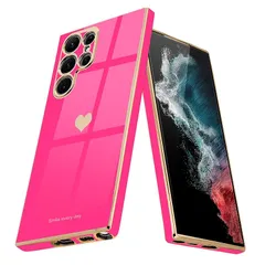 Teageo Galaxy S22 Ultra 用 ケース 可愛い ハート型 メッキ加工 薄型 シンプル 耐衝撃 落下防止【ローズレッド】