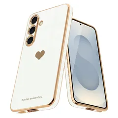 Teageo Galaxy S25 用 ケース 可愛い ハート型 メッキ加工 薄型 シンプル TPU 耐衝撃 落下防止【ホワイト】