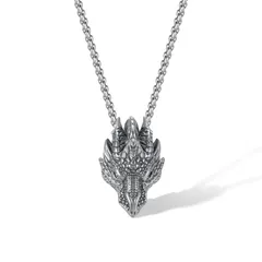 ネックレス メンズ ドラゴンヘッド ペンダント ステンレス ロングチェーン アンティーク風 龍デザイン 金属アレルギー対応 (Silver)