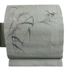 名古屋帯 秀品 落款 夏帯 夏紬 草花 トンボ 薄緑 正絹 【中古】