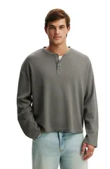 コットンオン メンズ トップス シャツ リラックスフィット Cotton Mens Relaxed Fitextu red Henley Long Sleeve Slate Stone Waffle