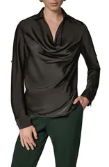 ダナ キャラン ニューヨーク レディース トップス シャツ Donna Karanew York Cowl Neck Top with Roll Sleeves BLACK ブラック