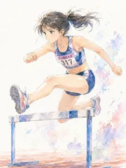 2Lサイズ c1330 水彩画調 陸上競技 ハードル走の女子選手 アニメ風 ポスター 高精細プリント