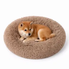 ペットベッド 犬 猫 ドーナツ型 ふわふわ 洗える 夏 冷房対策 滑り止め 小型犬 中型犬 クッション オールシーズン ブラウン 直径50cm