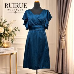 RUIRUE BOUTIQUE ルイルエブティック パーティードレス ワンピース L ネイビー フリルスリーブ サテン
