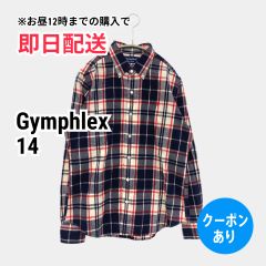 Gymphlex ジムフレックス シャツ ブラウス 14 ネイビー コットン チェック柄 ミドル丈 長袖 ボタンダウン レギュラーカラー メンズ