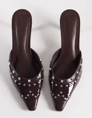 エイソス レディース シューズ サンダル ヒール ASOS DESIGN Sammie studded western chisel toe heeled mules in chocolate チョコ