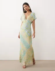 ネバーフリードレスド レディース トップス ワンピース Vネック プリント マキシ Never Fully Dressed v neck bias maxi dress gold print BLUE