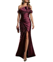 テラニクチュール レディース トップス ワンピース Terani Couture OffTheShoulderose Applique Trim Gown Wine ワイン