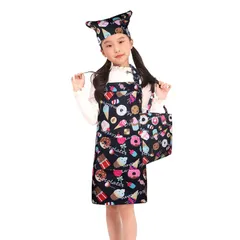 [BIGHAS] キッズ エプロン 三角巾 巾着バッグ 3点セット 子供 着脱簡単 恐竜 小学生 ネームタグ付き ホコリが付きにくい (お菓子/ブラック, 高学年用(140~160cm) L)