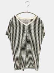GLACIER グラシア Tシャツ/カットソー L ホワイト ボーダー柄 前面プリント ミドル丈 半袖 Vネック レディース