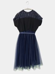 LACE LADIES レースレディース ドレス S ネイビー 無地 レース リボン 袖なし ひざ丈 ミモレ・半端丈 フレア レディース