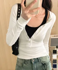 長袖カットソー レディース スリム ハーフボタン タイトTシャツ フィット ストレッチ トップス 春秋冬