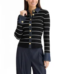 エレントレイシー レディース アウター ニット・セーター カーディガン デニム Ellen Tracy Womens Colla red ButtonFront Denim Trim Cardigan