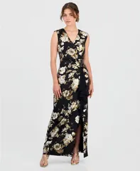 コネクテッド レディース トップス ワンピース フラワー柄 プチ フリル マキシ フラワー Connected Petite Floral Ruffle Maxi Dress Black ブラック