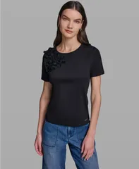カール ラガーフェルド レディース トップス シャツ リブニット フラワー柄 プチ 半袖 ニット フラワー KARLAGERFELD PARIS Petite Floral Applique Shor