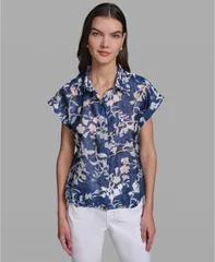 カール ラガーフェルド レディース トップス シャツ プチ プリント KARLAGERFELD PARIS Petite Printed Colla red Neck Bungee Top Midni