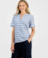 スタイルアンドコー レディース トップス シャツ 半袖 Style Co Womenstriped SplitNeck ShortSleeve Top Macys Exclusive Frozen B