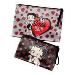 Betty Boop　ベティちゃん　ポーチ　2個セット　薔薇柄　リップ柄　ベティブープ　トラベルポーチ　トラベル収納ポーチ　マルチポーチ　メイクポーチ　コスメポーチ　化粧ポーチ　可愛い　アメコミ　キャラクター　レトロ　ギフト　プレゼント　海外製品