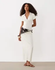 エイソス レディース トップス ワンピース ポロシャツ リブ ミディ ASOS DESIGN ribbed short sleeve polo midi dress BEIGE ベージュ