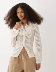 ブレーブソウル レディース アウター カーディガン ニット Brave Soulong sleeve crochet knit cardigan in cream クリーム