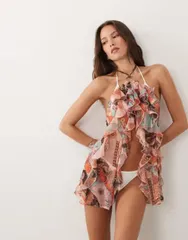 ミスセルフフリッジ レディース トップス ワンピース プリント ホルター Misselfridge beach ring detail halterneck cut about scarf print