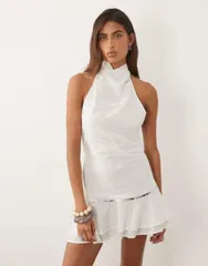 マンゴ レディース トップス ワンピース ハイネック フリル Mango high neck ruffle trim embellished beach dress WHITE ホワイト