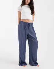 コットンオン レディース ボトムス カジュアルパンツ ワイドレッグ サテン Cotton sleep washed satin wide leg pantstripestripe blue ブルー