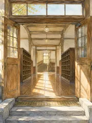 A4サイズ c1433 水彩画 風景画 レトロな木造校舎 玄関と廊下 差し込む陽光 ノスタルジック インテリア アートポスター