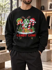 メンズ クルーネックスウェット サンタ帽と角飾り付きキャンディケイン CANDY CANE CREW 英字プリント 柔らかい生地 クリスマスパーティー 秋冬カジュアルトップス