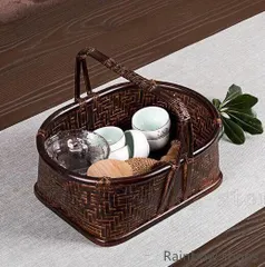新しい未使用 バスケット 収納かご おしゃれ竹籠　編み 取っ手 持ち手　収納箱　小物入れ　茶道＊お菓子入れ　竹工芸　可愛い良品