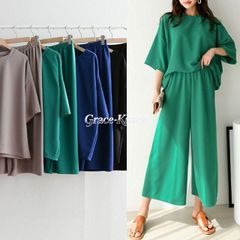上下セット レディース セットアップ トップス 七分袖 Tシャツ ボトムス 九分丈パンツ 夏 軽量 快適 薄手 おしゃれ 大人 ゆったり カジュアル 涼しい 着痩せ 体型カバー レディースファッション huanran02