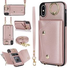 [신품] 스마트폰 커버 아이폰 XS MAX 케이스 수첩형 PU 가죽 카드 수납 동전 지갑 스마트폰 케이스 iphoneXS MAX 수첩형 케이스 긴 스트랩 링 첨부 iphone XS MAX 휴대용 커버 어깨걸이 목걸이 대각선 걸이-핑크