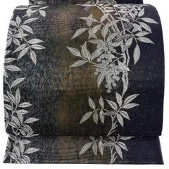 袋帯 秀品 葉と実 銀糸 箔 黒灰 六通 正絹 【中古】