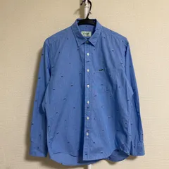Crocodile クロコダイル 長袖 刺繍 シャツ ブルー Mサイズ 綿100% ワニ 泳ぐ 総柄 凱旋門 パリ風 エッフェル塔 錨 トラッド チェック アメカジ Y2K 古着 ビンテージ オールド レトロ カジュアル 69234