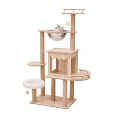 Multifunctional, space-saving, corner-type cat house, scratching post, fits snugly against walls, cotton string, suitable for large cats, natural wood grain, space-saving, helps relieve boredom, blends well with interior decor, sturdy, easy to climb, highly stable, popular cat house, suitable for kittens and adult cats, with wood grain and clear bowl.