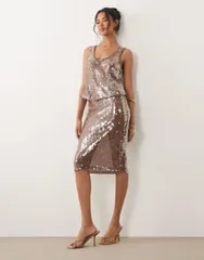 エイソス レディース ボトムスカート ミディ スパンコール ASOS DESIGN glassequin pencil midi skirt part of a set Brown ブラウン