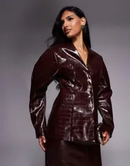 エイソス レディース アウター ジャケット・ブルゾン ブレザー ASOS LUXE croc structu red blazer with gold buttons in chocolate par