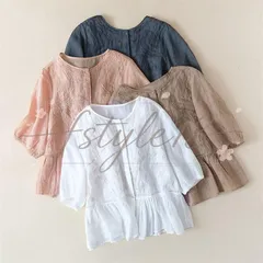 シャツブラウス レディース 夏 刺繍 クルーネック 薄手 五分袖 ぽわん袖 ゆったり 透け 爽やか 大人かわいい ナチュラル きれいめ 大きいサイズ
