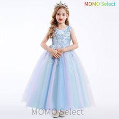 Long dress for children, kids' dress, party dress, light blue with floral embroidery, perfect for weddings, recitals, kindergarten entrance ceremonies, Shichi-Go-San celebrations, and other special occasions. Strapless design. Suitable for sizes 120-160cm. (hyd050)