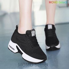 Women's Platform Mesh Sneakers, Black & White, Wide Fit, Cushioned, Breathable, Low-Cut, Height-Increasing, Leg-Lengthening, Lightweight, Suitable for Commuting, School, Walking, Work, Stylish, Korean Style (hyd630)