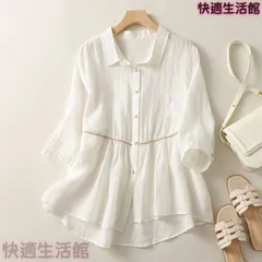 レディース 夏服 トップス 半袖 ブラウス 無地 綿麻 ワイシャツ 前開き ゆったり 体型カバー 薄手 通気 シンプル 涼しい おしゃれ リラックス カジュアル 森ガール 通勤 zh923